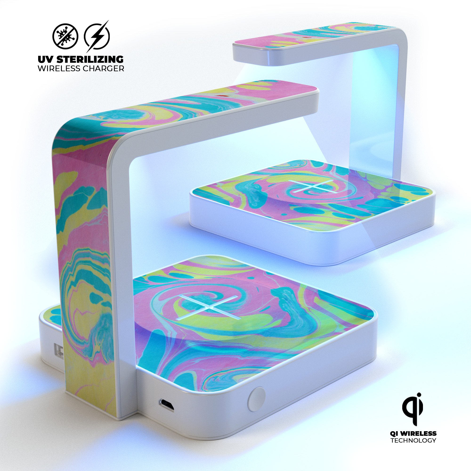 Pastel Minimalistic Acrylic Swirl V1 UV Germicidal Sanitizing Wireless Charger with phone on top, showcasing its sleek design and functionality.