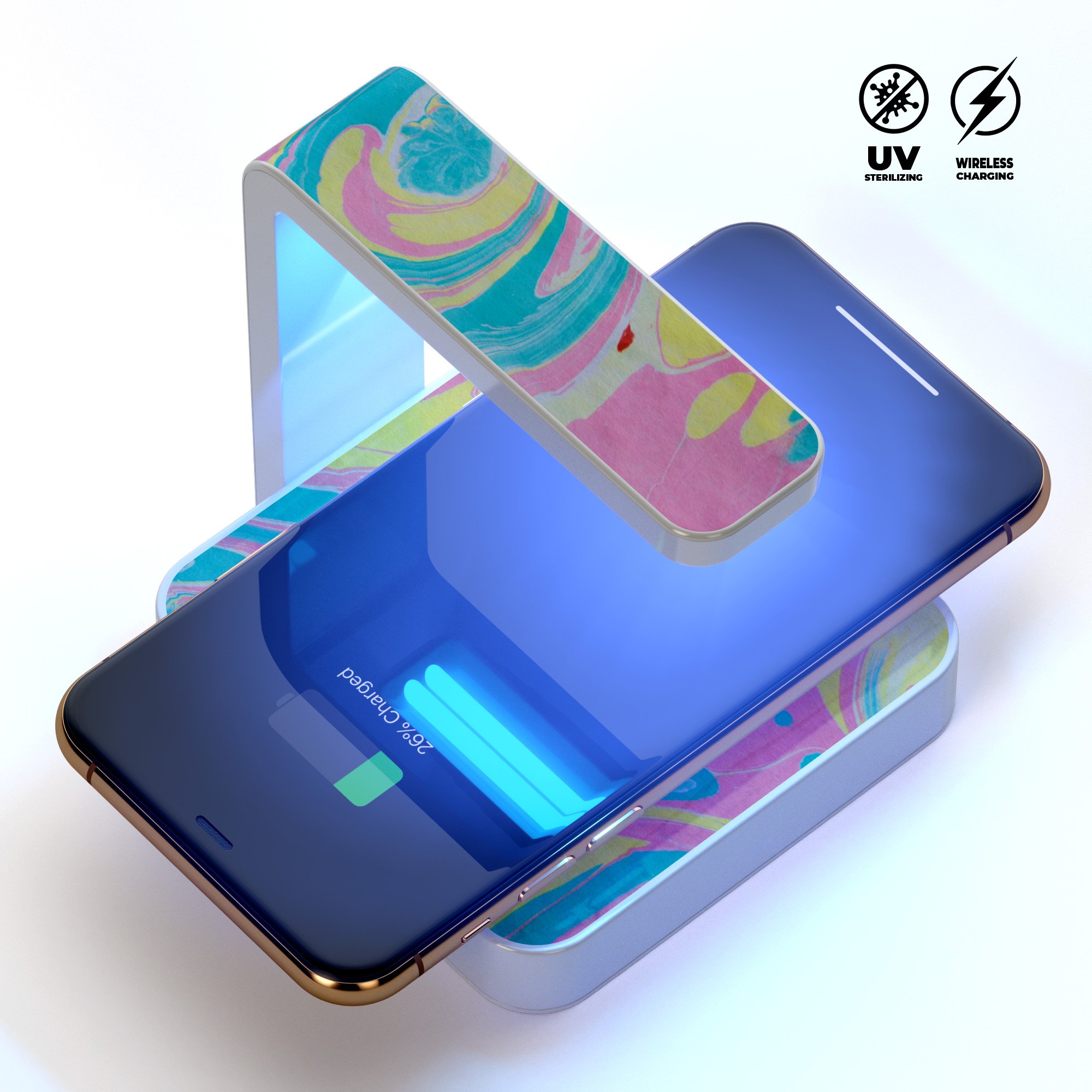 Pastel Minimalistic Acrylic Swirl V1 UV Germicidal Sanitizing Wireless Charger with phone on top, showcasing its sleek design and functionality.