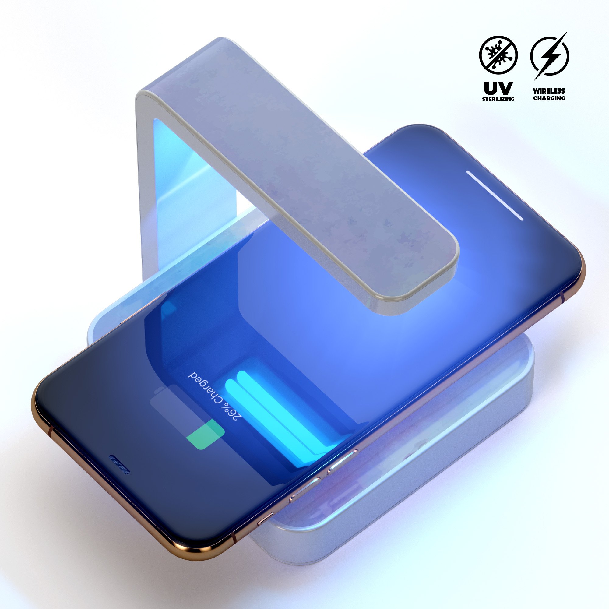 Pastel Minimalistic V2 UV Germicidal Sanitizing Wireless Charger with a sleek design, showcasing its sterilizing lamp and wireless charging pad.