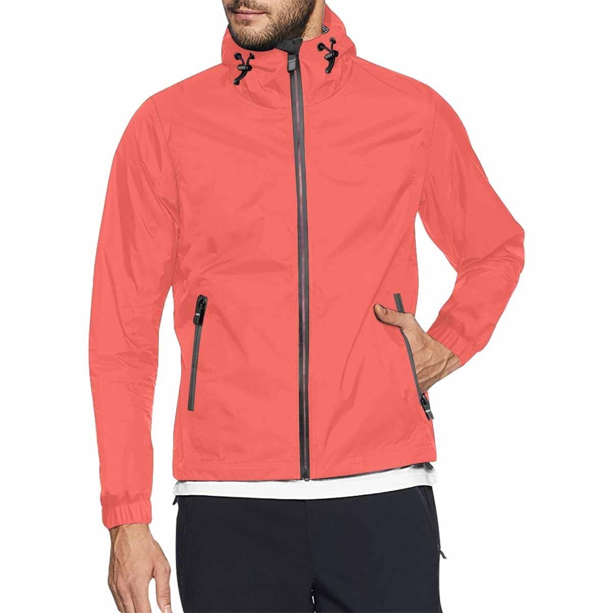 Pastel Red Hooded Windbreaker Jacket for men and women, featuring a stylish design with zippered pockets and adjustable hood.