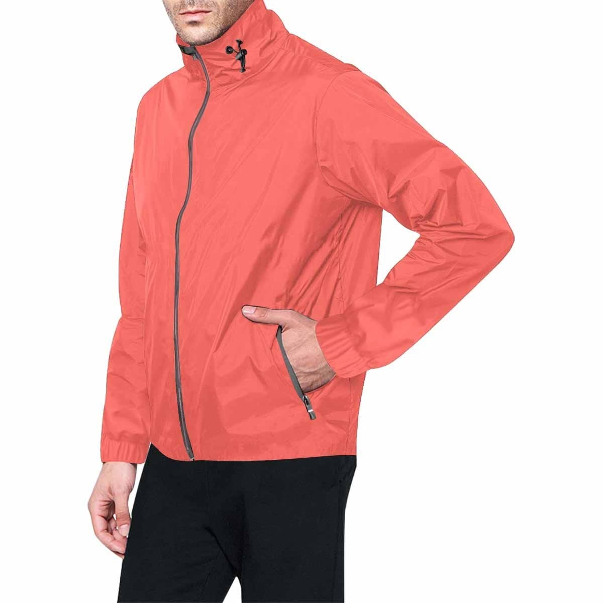 Pastel Red Hooded Windbreaker Jacket for men and women, featuring a stylish design with zippered pockets and adjustable hood.