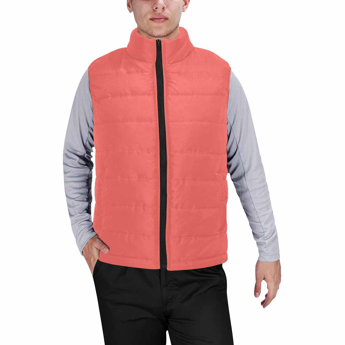 Pastel Red Men's Padded Vest featuring a quilted design and zipper closure, perfect for layering in colder weather.