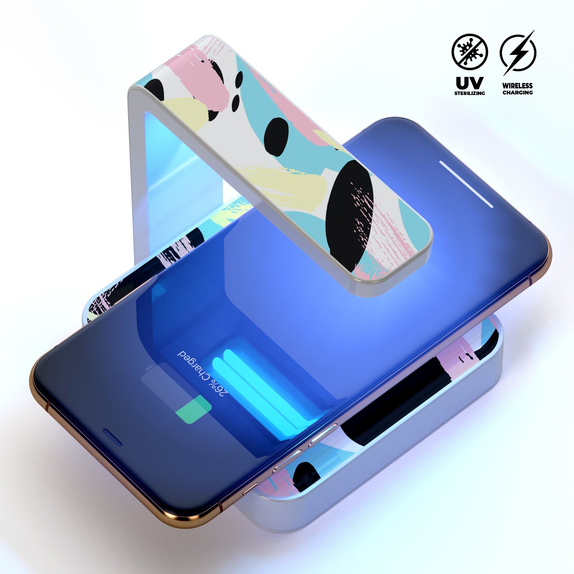 Pastel Swoosh UV Germicidal Sanitizing Wireless Charger with a sleek design, showcasing its sterilizing lamp and wireless charging capabilities.