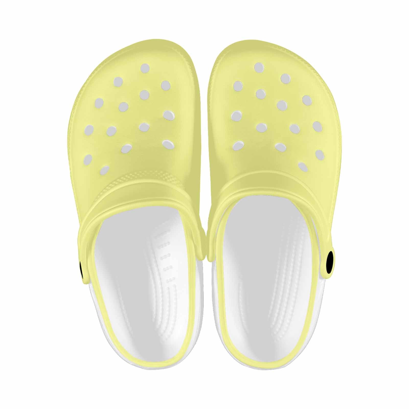 Pastel yellow adult clogs made from lightweight EVA material, featuring ventilation ports and pivoting heel straps for a secure fit.