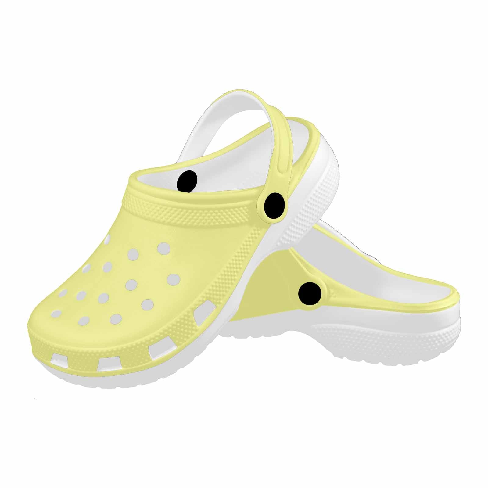 Pastel yellow adult clogs made from lightweight EVA material, featuring ventilation ports and pivoting heel straps for a secure fit.