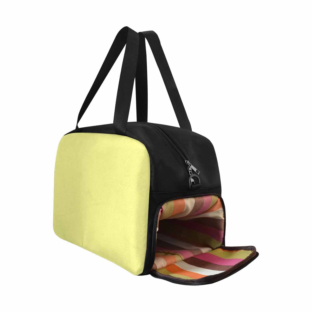 Pastel yellow tote and crossbody travel bag made from durable nylon, featuring spacious compartments and adjustable strap.