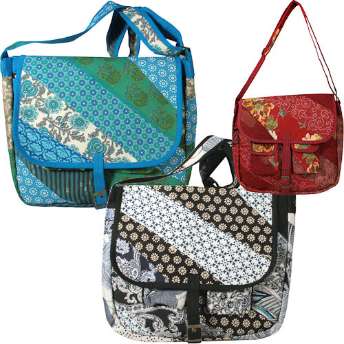 Colorful Patchwork Messenger Bag made from recycled fabrics, featuring multiple pockets and an adjustable strap.