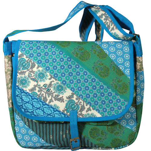 Colorful Patchwork Messenger Bag made from recycled fabrics, featuring multiple pockets and an adjustable strap.