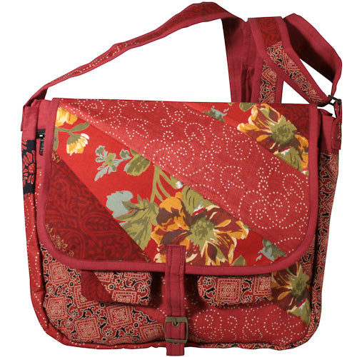 Colorful Patchwork Messenger Bag made from recycled fabrics, featuring multiple pockets and an adjustable strap.