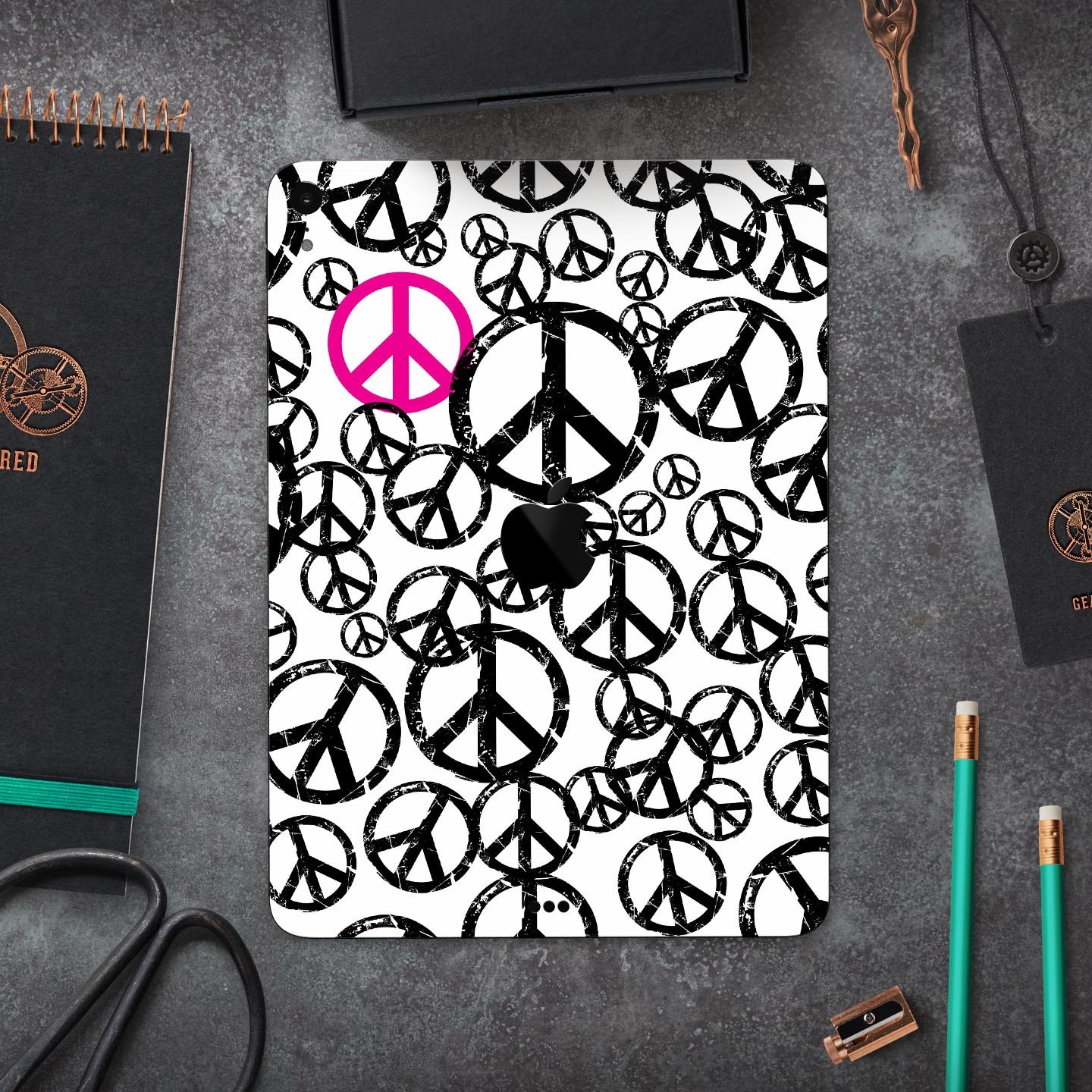 Peace Collage full body skin decal for Apple iPad Pro 12.9", showcasing vibrant colors and intricate design.