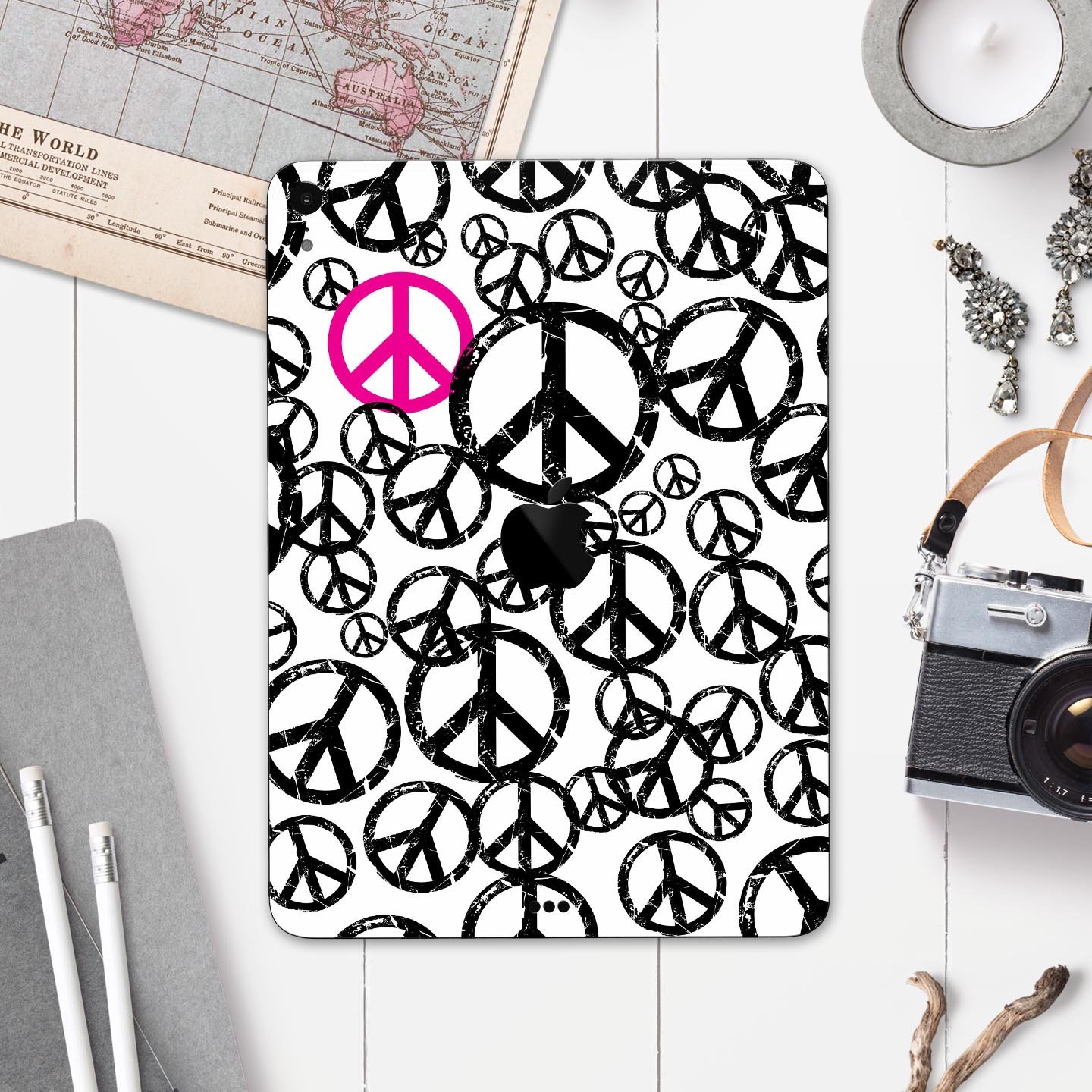 Peace Collage full body skin decal for Apple iPad Pro 12.9", showcasing vibrant colors and intricate design.