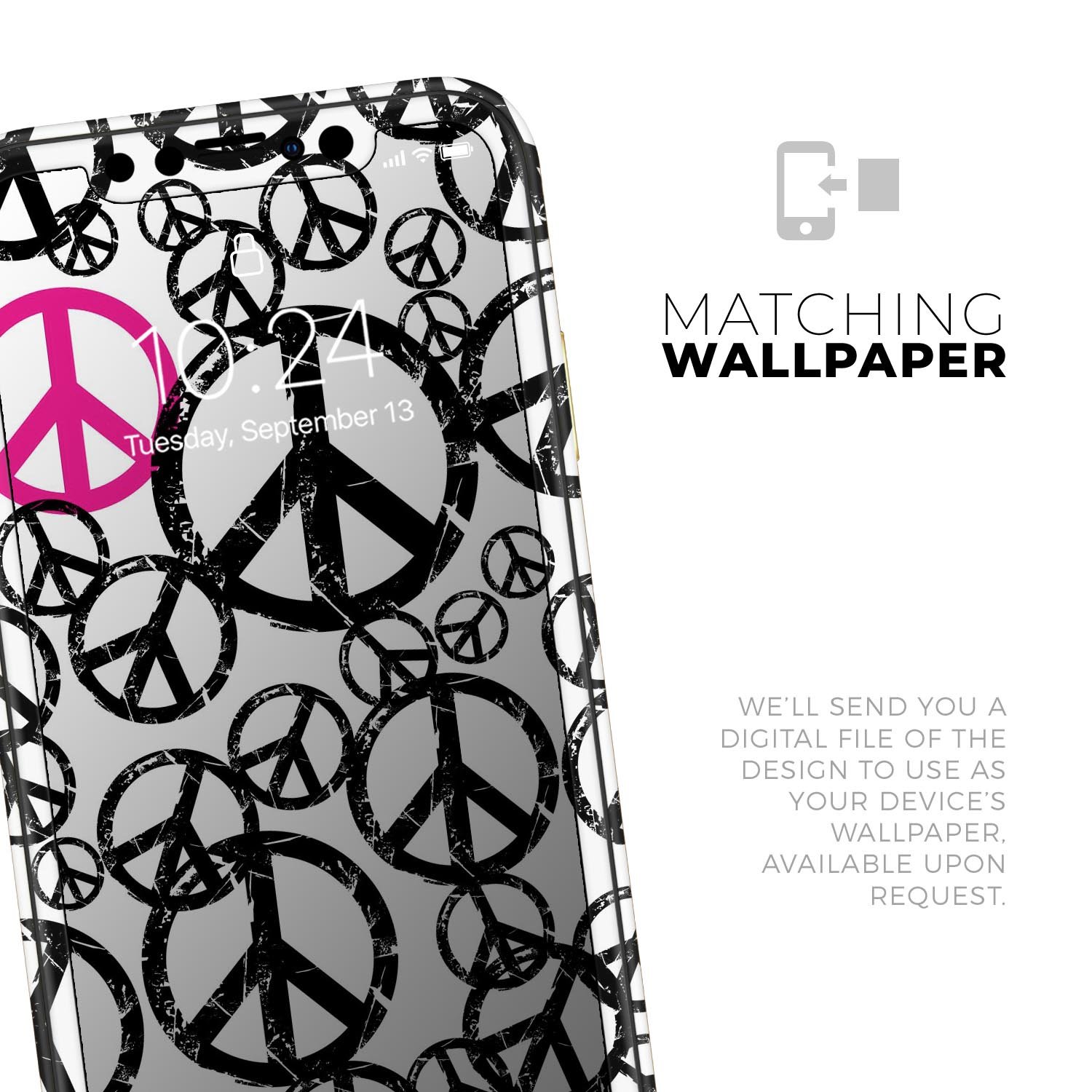 Peace Collage Skin-Kit for Apple iPhone 14, 13, 12, featuring a vibrant design and premium vinyl material.