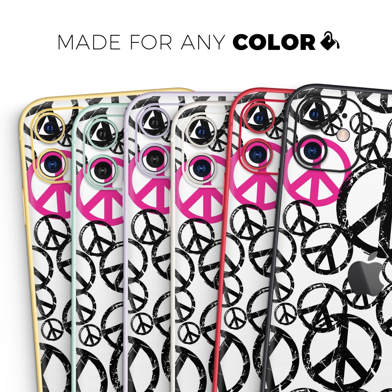 Peace Collage Skin-Kit for Apple iPhone 14, 13, 12, featuring a vibrant design and premium vinyl material.