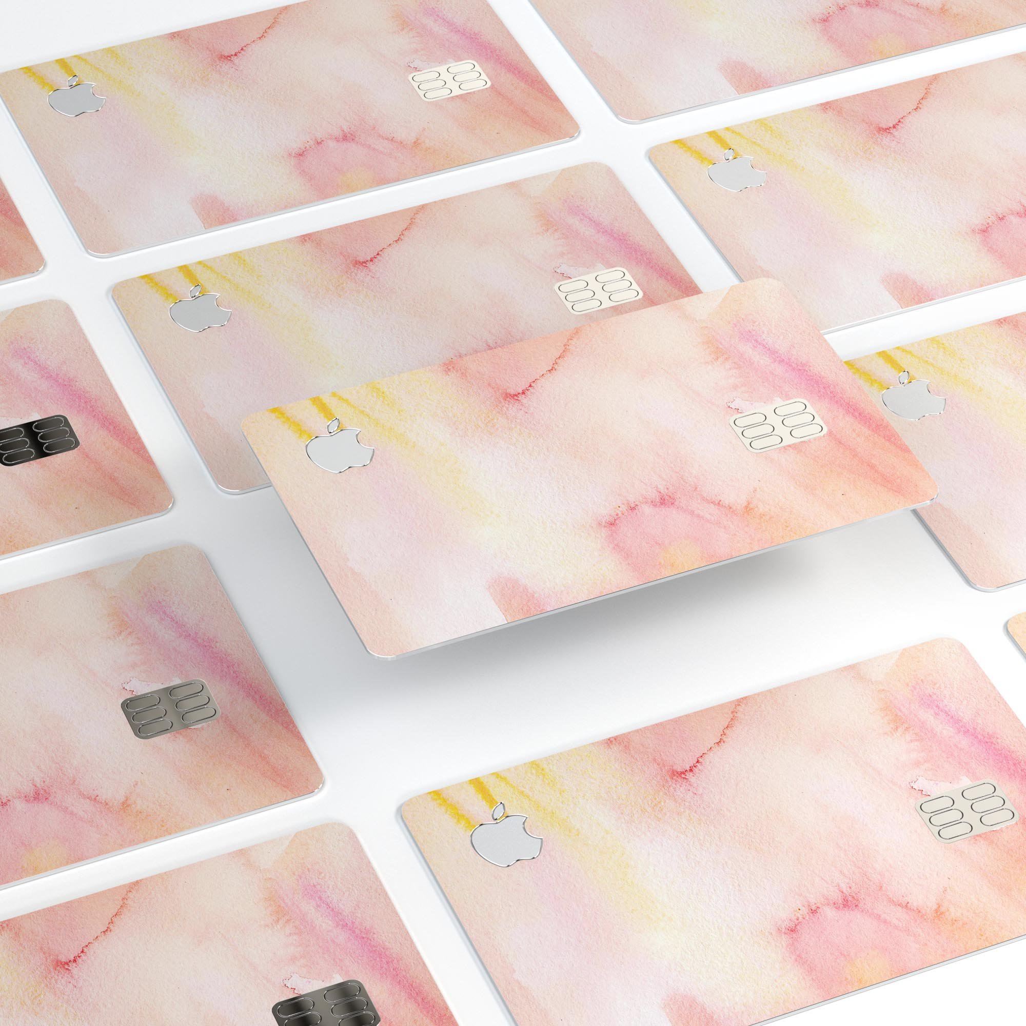 Peach Absorbed Watercolor Texture skin applied on an Apple Card, showcasing its vibrant design and protective features.