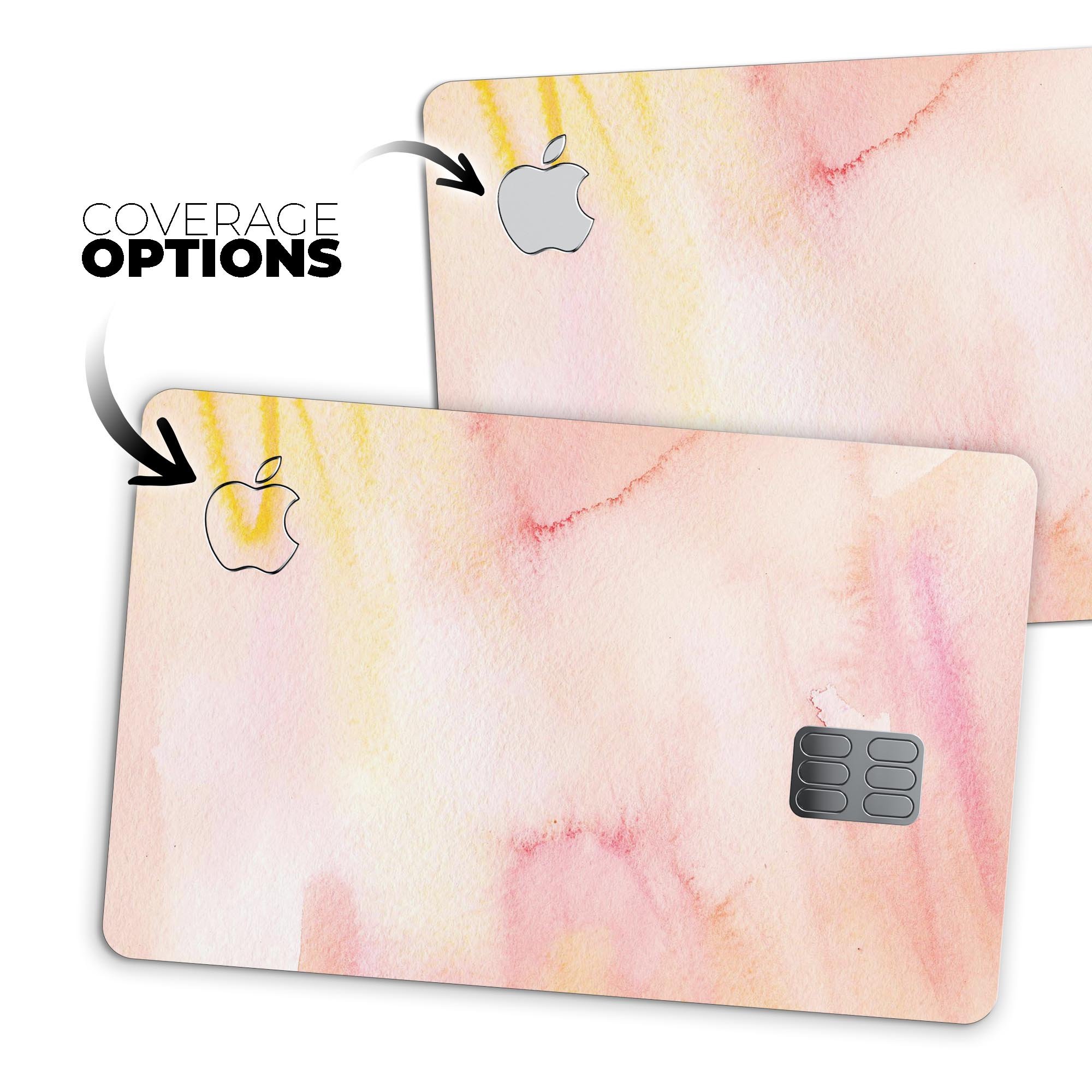 Peach Absorbed Watercolor Texture skin applied on an Apple Card, showcasing its vibrant design and protective features.