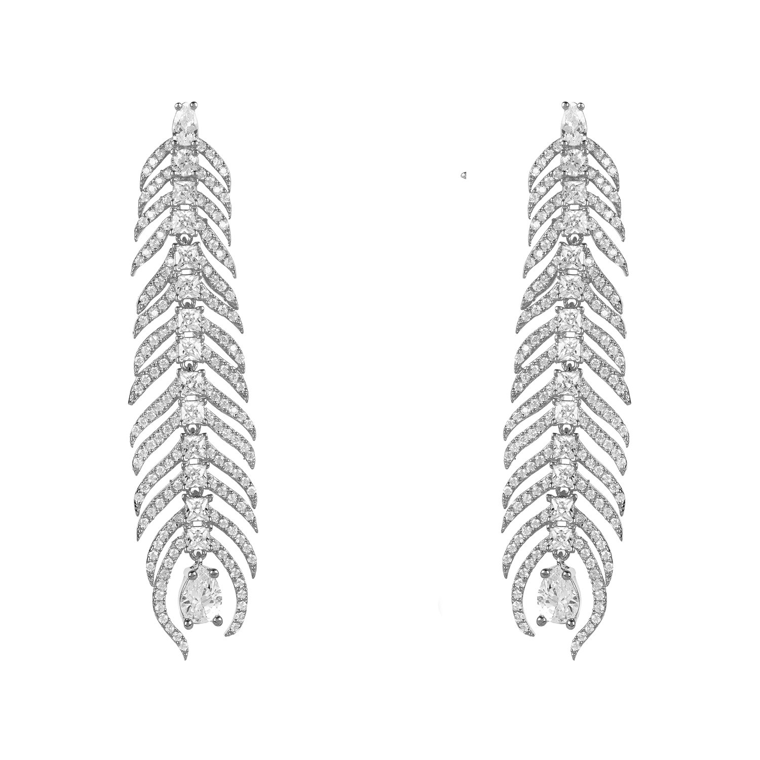 Elegant silver peacock feather elongated drop earrings with sparkling zircon detailing and teardrop crystal.