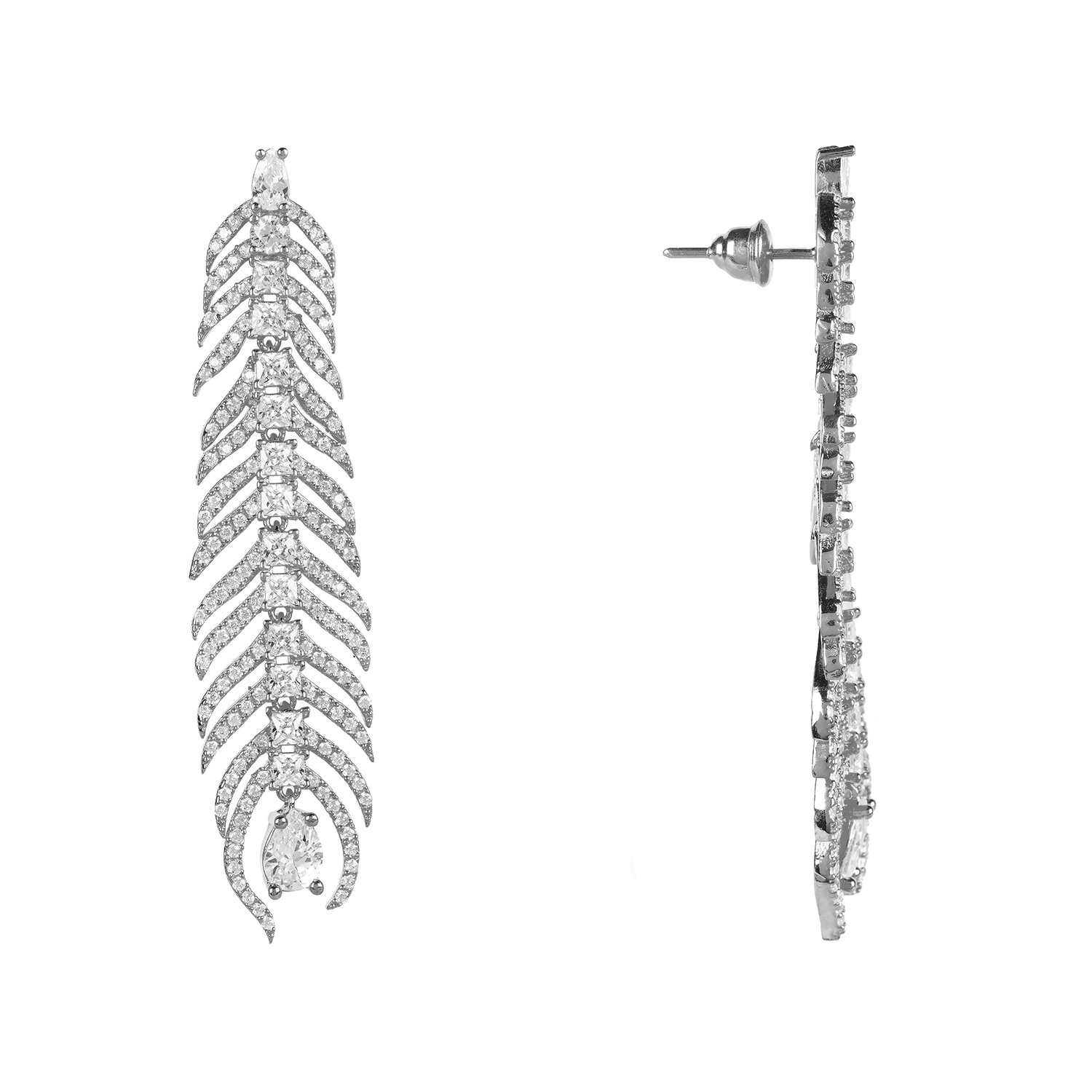 Elegant silver peacock feather elongated drop earrings with sparkling zircon detailing and teardrop crystal.