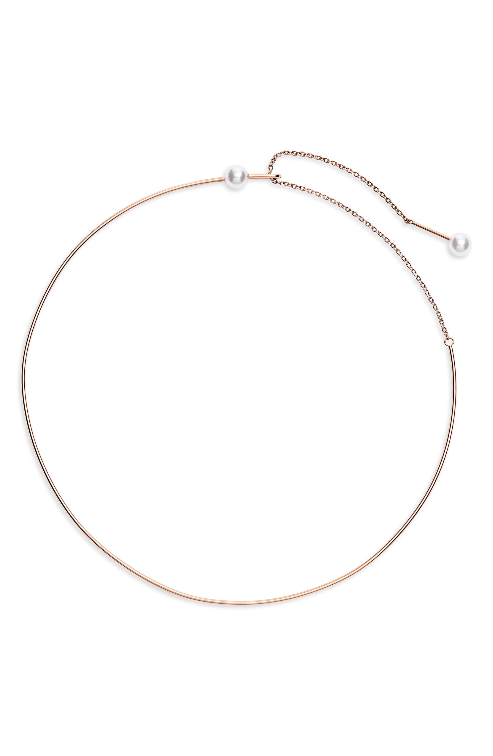 A stylish pearl choker collar necklace featuring rose gold-tone stainless steel and imitation pearls, perfect for elegant outfits.