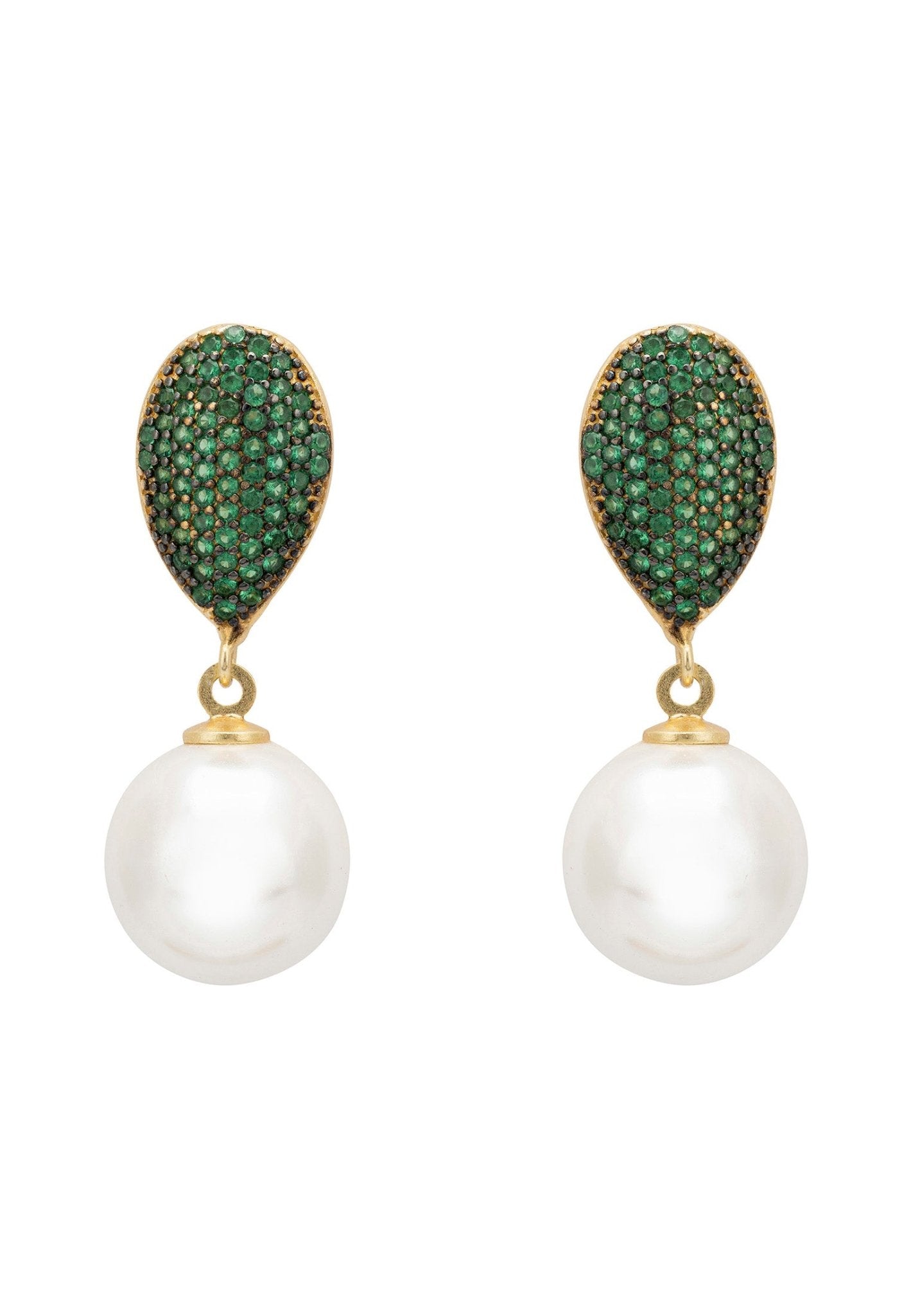 Elegant Pearl Classic Drop Earrings featuring baroque pearls and emerald green zirconia accents, handcrafted in sterling silver with gold plating.