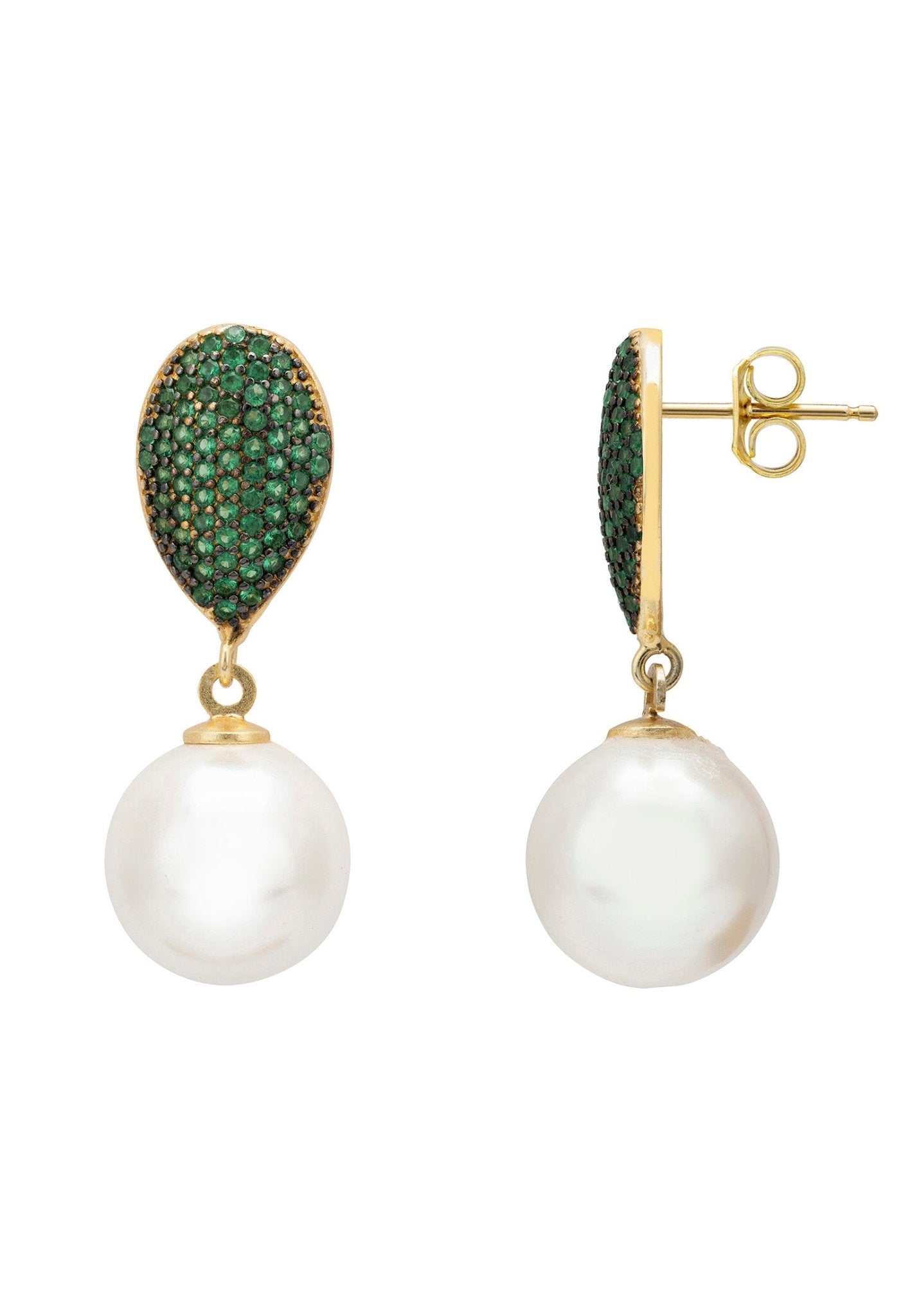 Elegant Pearl Classic Drop Earrings featuring baroque pearls and emerald green zirconia accents, handcrafted in sterling silver with gold plating.