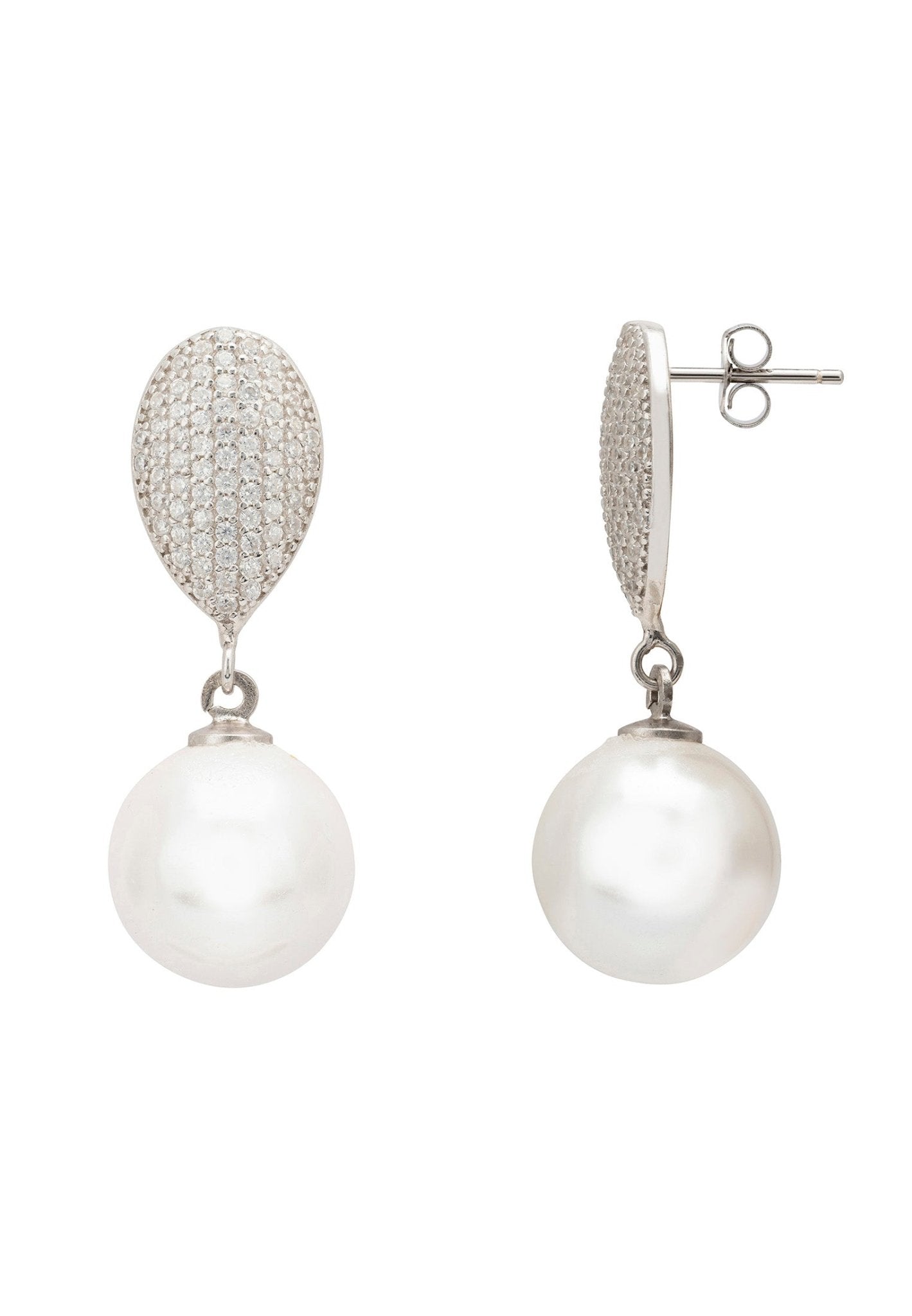 Elegant Pearl Classic Drop Earrings Silver featuring baroque pearls and zirconia accents, handcrafted in 925 sterling silver.