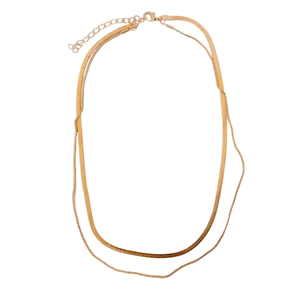 Penelope Layered Herringbone Chain Necklace featuring a double-layered design in 18K gold plated alloy.