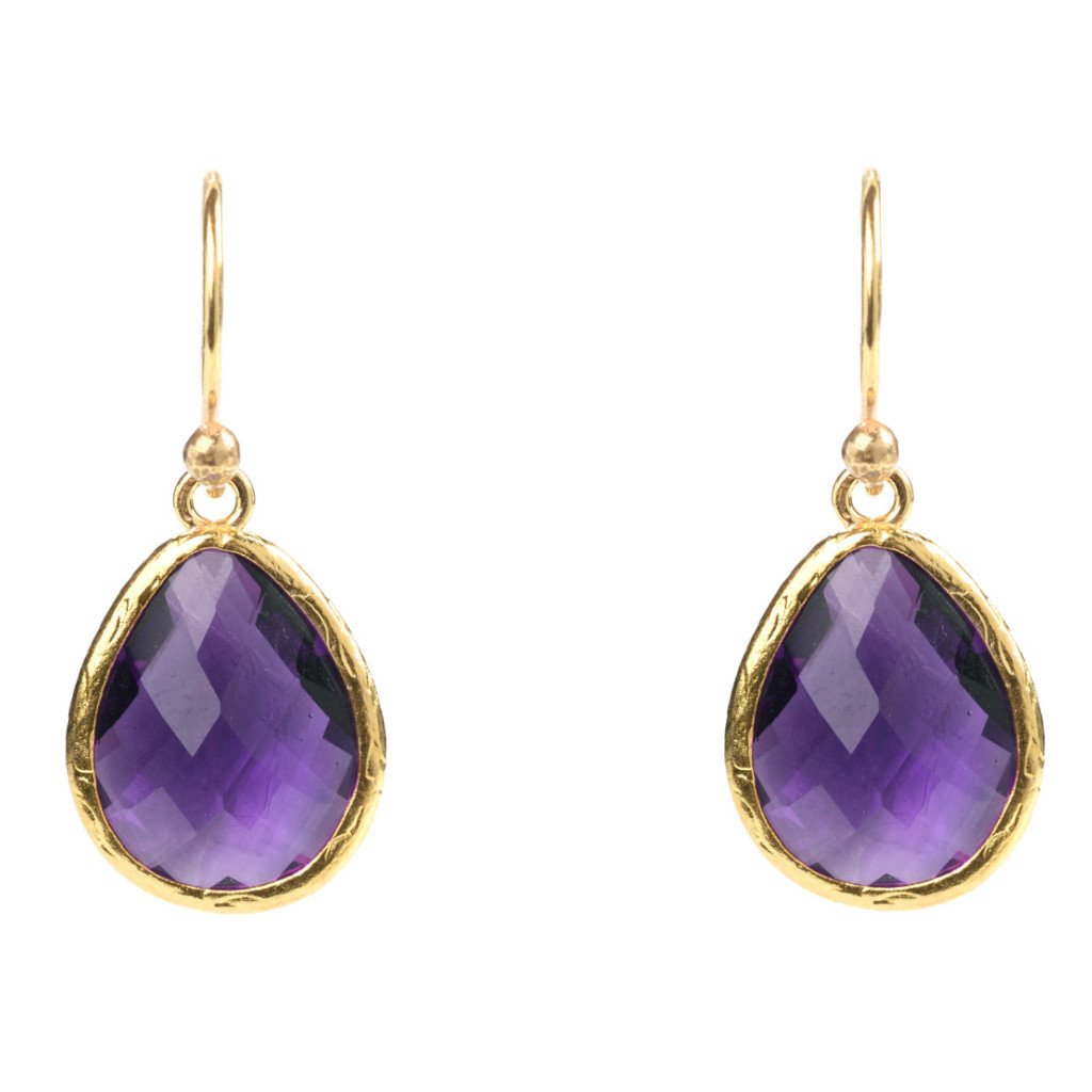 Elegant petite drop earrings featuring Amethyst Hydro crystals set in 22ct gold dipped 925 sterling silver, perfect for any occasion.