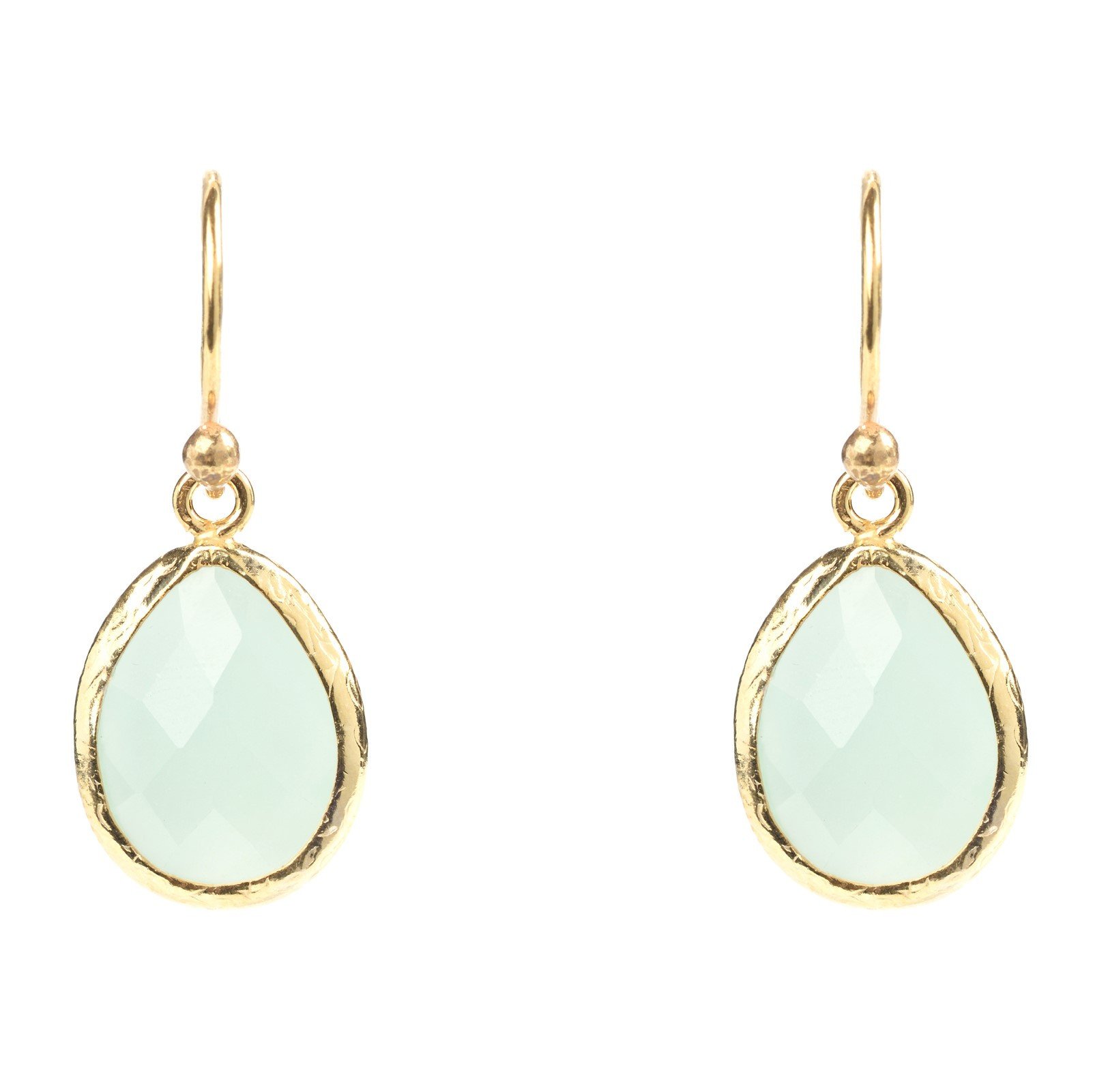 Elegant petite drop earrings featuring Aqua Chalcedony set in 22ct gold, showcasing a delicate design perfect for any occasion.