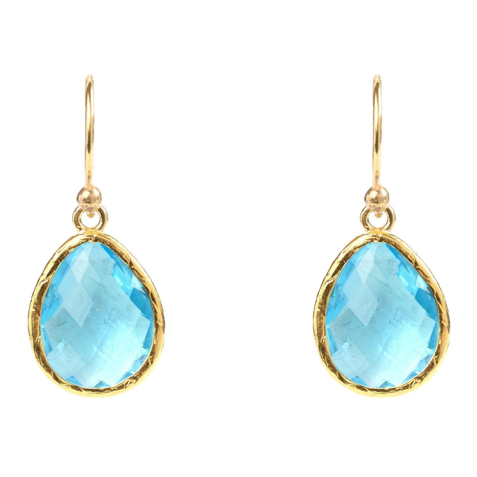 Elegant petite drop earrings featuring Blue Topaz Hydro, crafted from 925 sterling silver and dipped in 22ct gold, showcased in signature packaging.