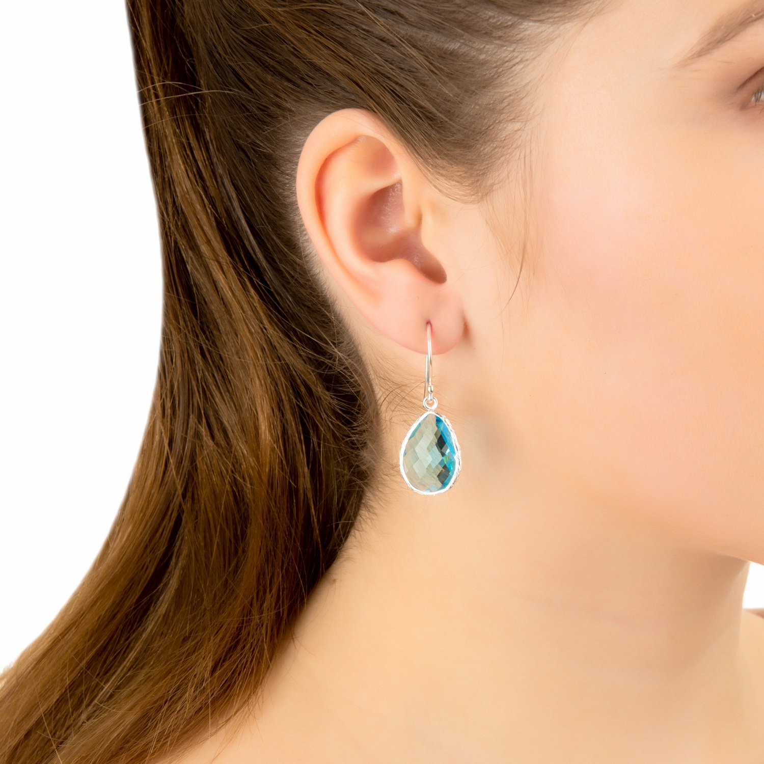 Elegant petite drop earrings featuring Blue Topaz Hydro, crafted from 925 sterling silver and dipped in 22ct gold, showcased in signature packaging.