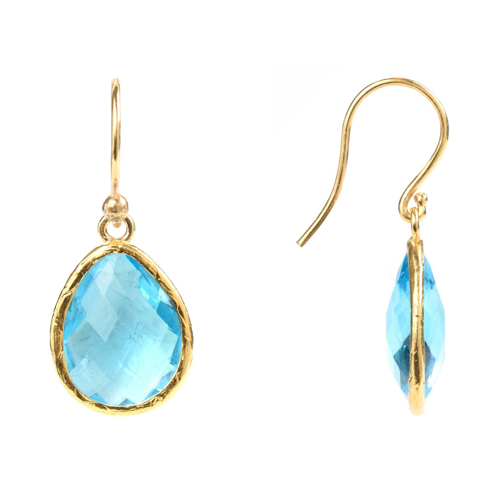 Elegant petite drop earrings featuring Blue Topaz Hydro, crafted from 925 sterling silver and dipped in 22ct gold, showcased in signature packaging.