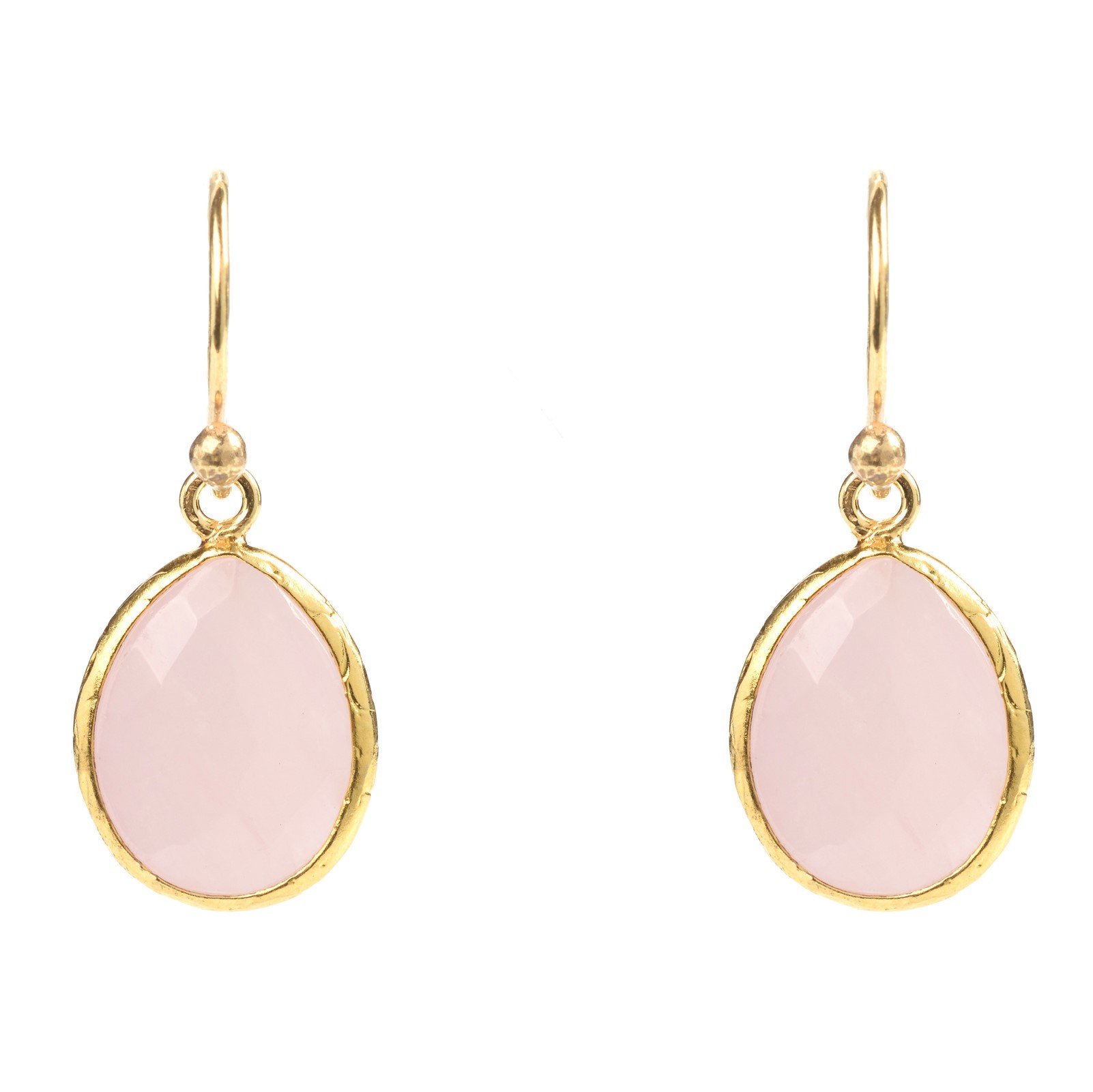 Petite drop earrings featuring rose quartz stones set in 22ct gold dipped 925 sterling silver, elegantly designed for versatile wear.