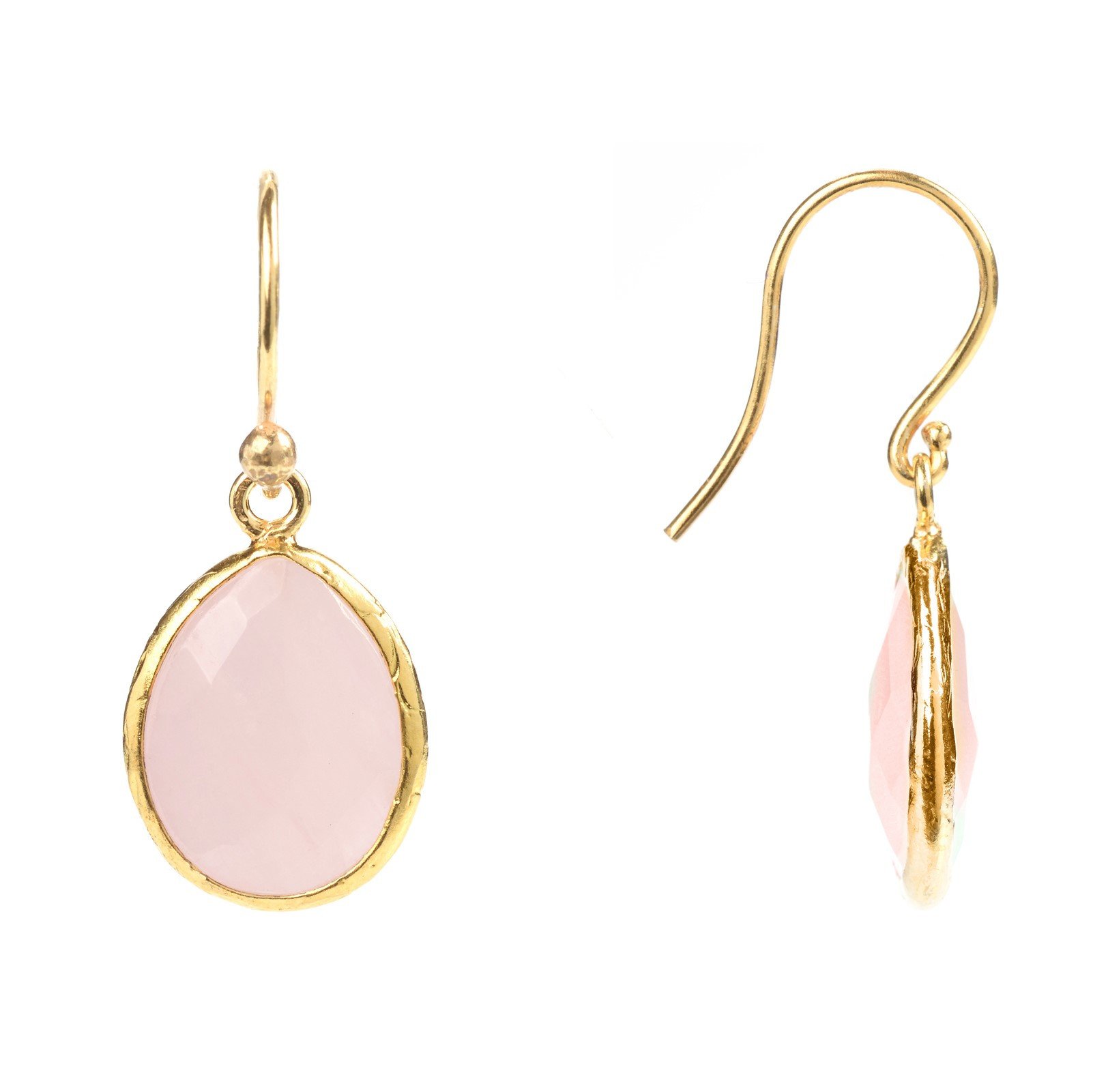 Petite drop earrings featuring rose quartz stones set in 22ct gold dipped 925 sterling silver, elegantly designed for versatile wear.