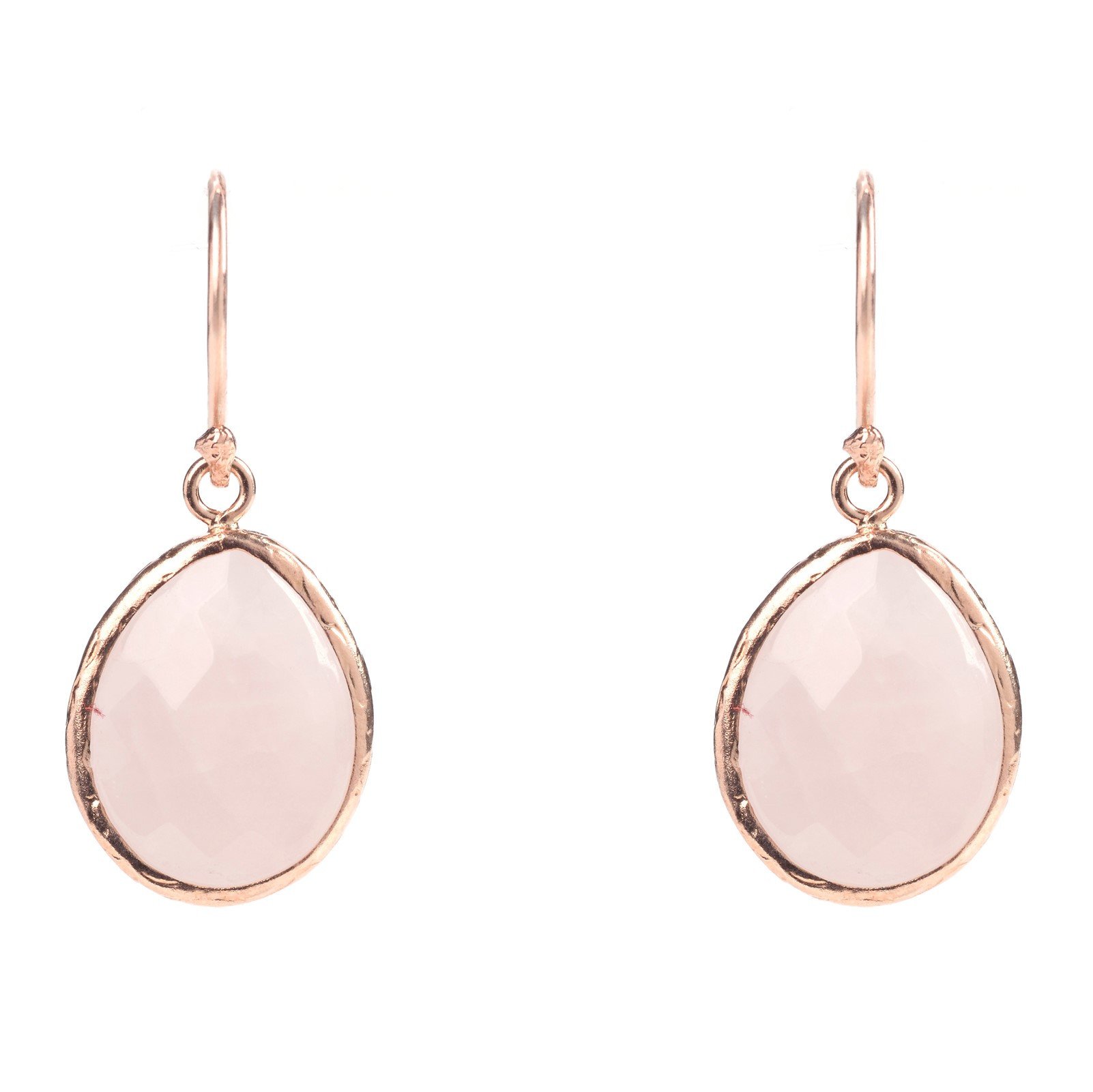 A pair of elegant petite drop earrings featuring rose quartz crystals set in 22ct rosegold dipped 925 sterling silver, displayed in signature packaging.