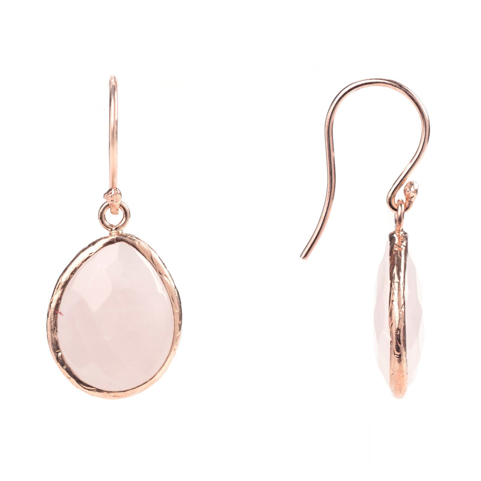 A pair of elegant petite drop earrings featuring rose quartz crystals set in 22ct rosegold dipped 925 sterling silver, displayed in signature packaging.