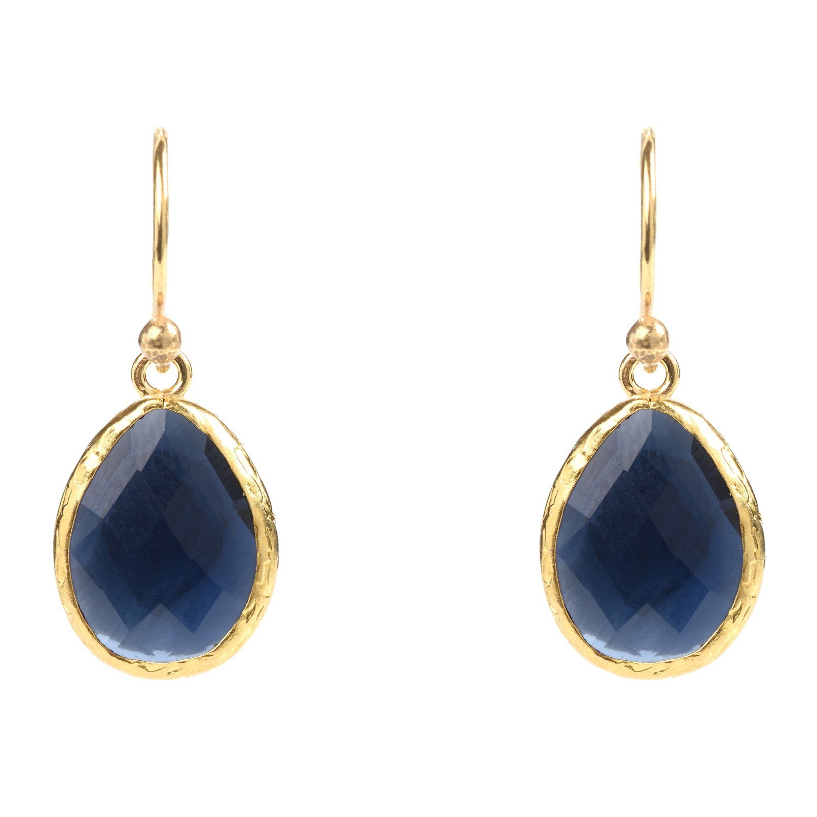 Elegant petite drop earrings featuring sapphire hydro crystals set in 22ct gold dipped 925 sterling silver, perfect for any occasion.