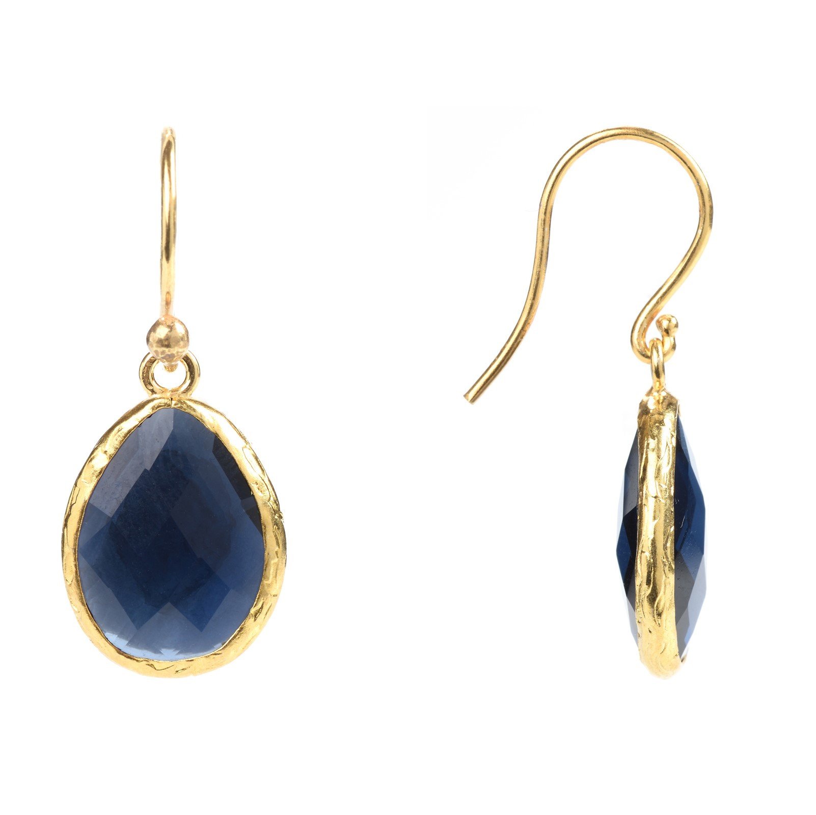 Elegant petite drop earrings featuring sapphire hydro crystals set in 22ct gold dipped 925 sterling silver, perfect for any occasion.