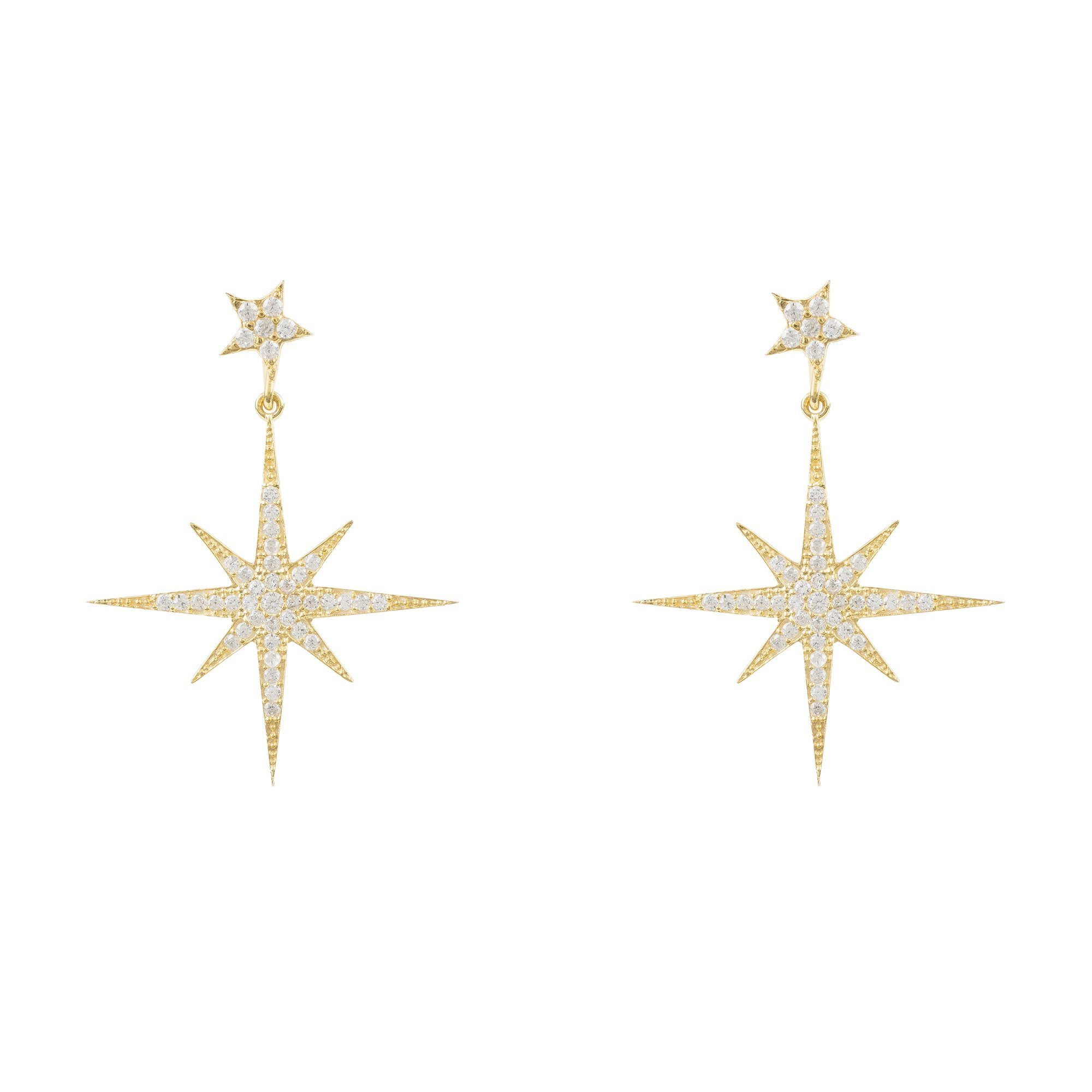 Petite Star Burst Drop Earrings in Gold featuring a larger starburst and smaller stud, adorned with cubic zirconia for a sparkling effect.