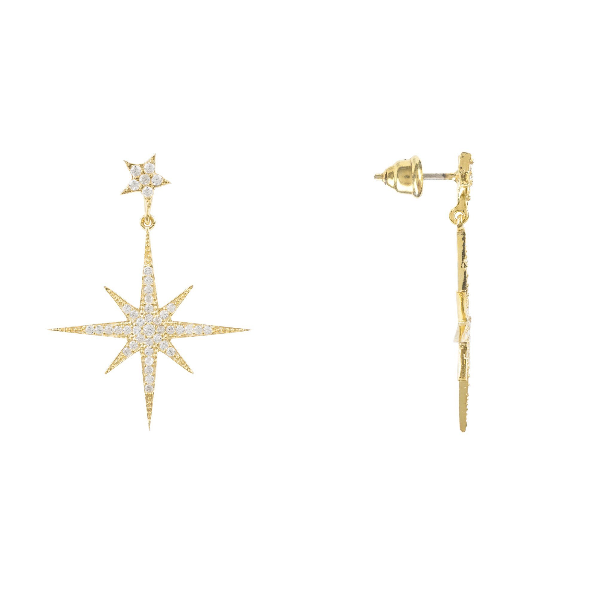 Petite Star Burst Drop Earrings in Gold featuring a larger starburst and smaller stud, adorned with cubic zirconia for a sparkling effect.