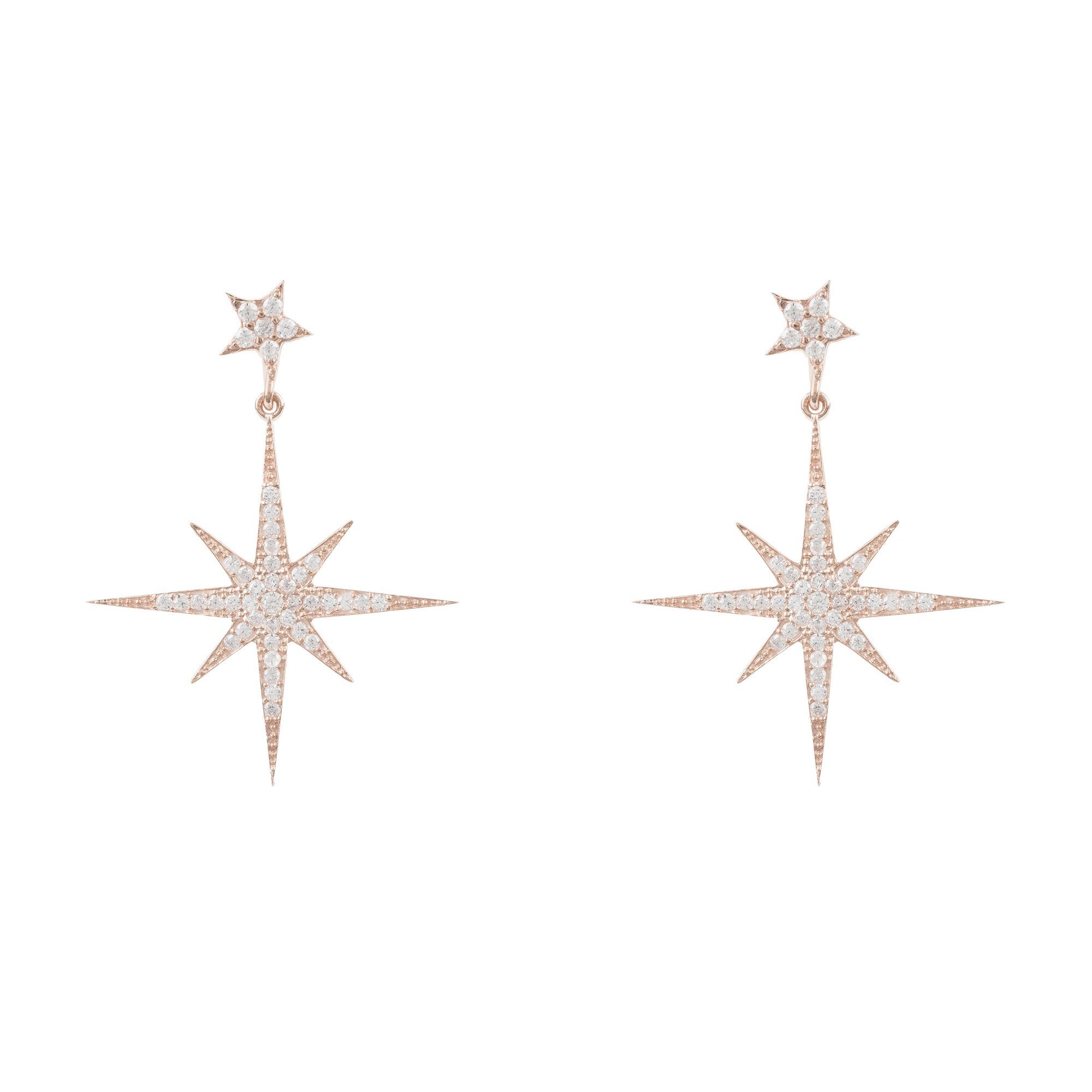 Petite Star Burst Drop Earrings in Rosegold featuring a larger starburst and smaller stud, adorned with cubic zirconia for added sparkle.