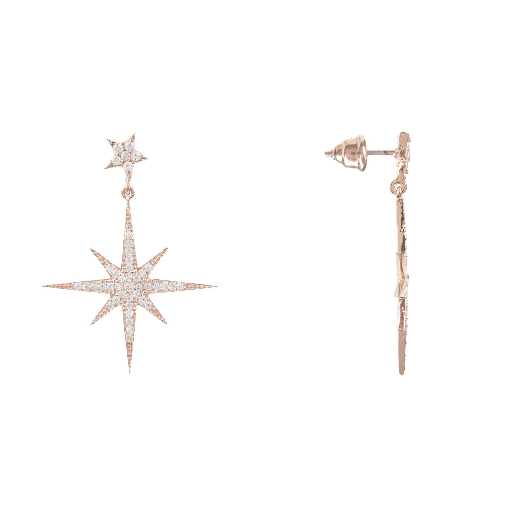 Petite Star Burst Drop Earrings in Rosegold featuring a larger starburst and smaller stud, adorned with cubic zirconia for added sparkle.