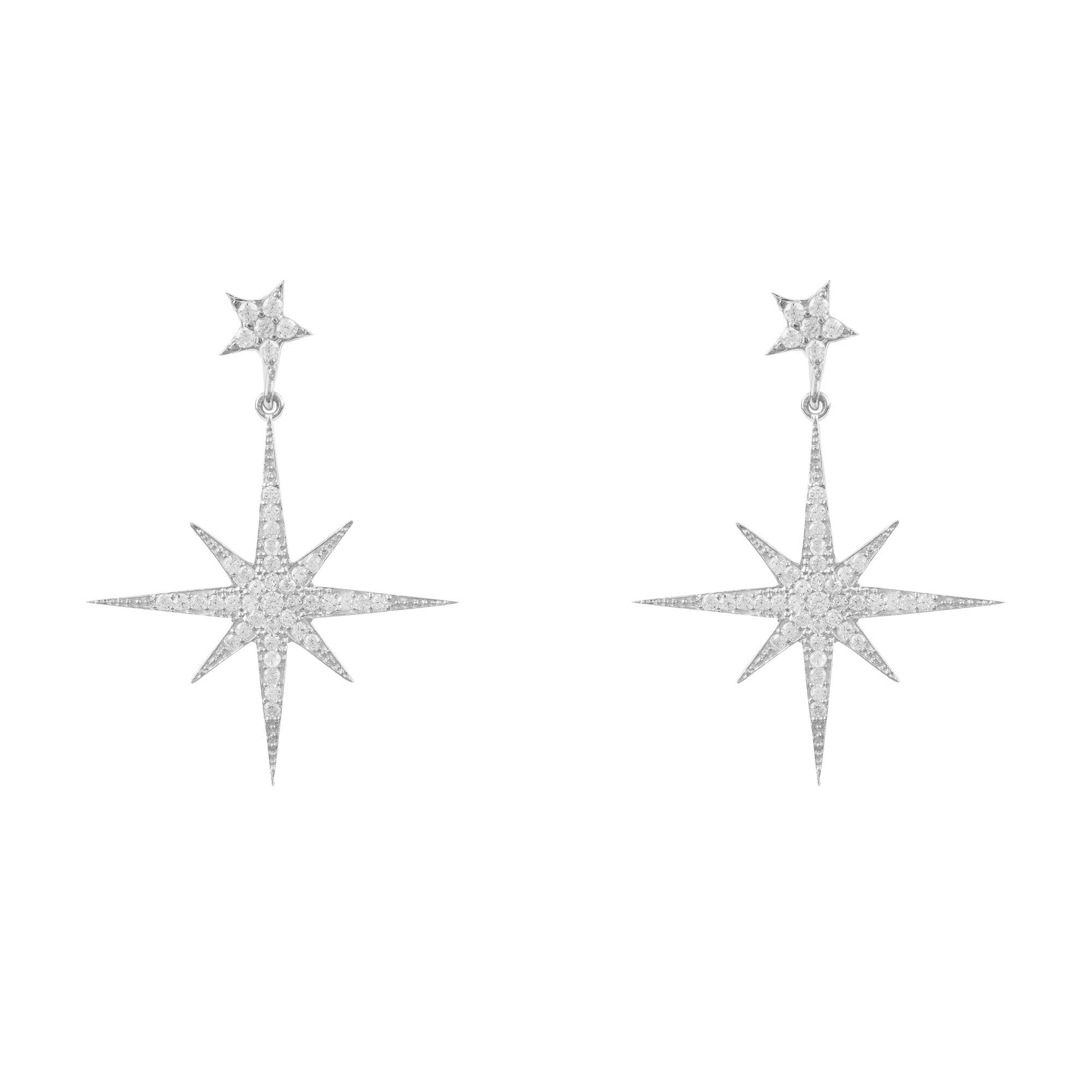 Petite Star Burst Drop Earrings in Silver featuring sparkling cubic zirconia and a unique starburst design.