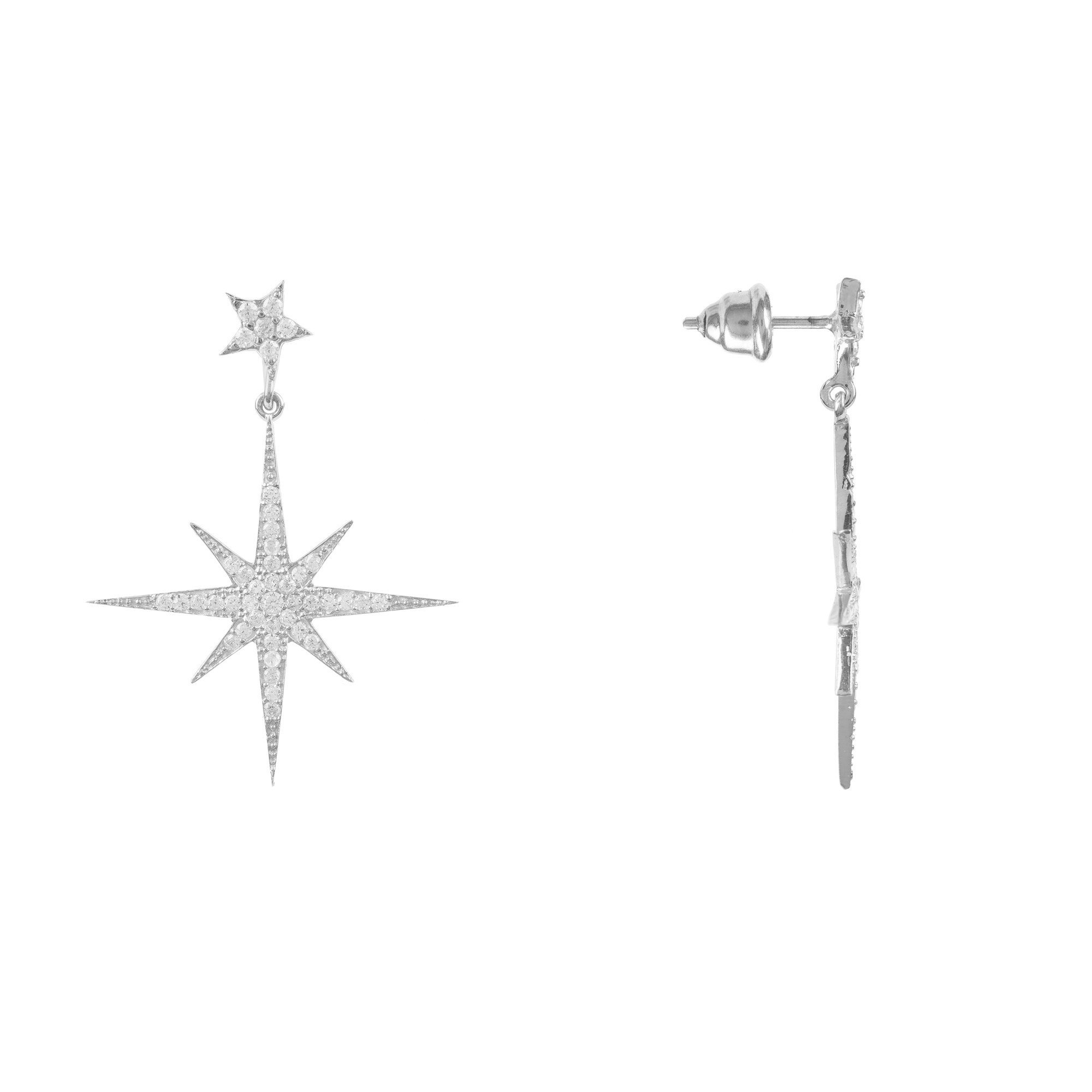 Petite Star Burst Drop Earrings in Silver featuring sparkling cubic zirconia and a unique starburst design.