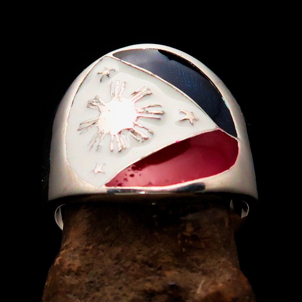 Sterling silver Philippines Flag Ring with mirror polish, showcasing vibrant flag colors.