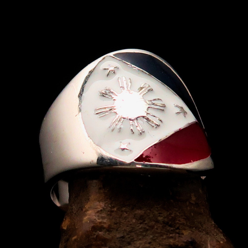 Sterling silver Philippines Flag Ring with mirror polish, showcasing vibrant flag colors.