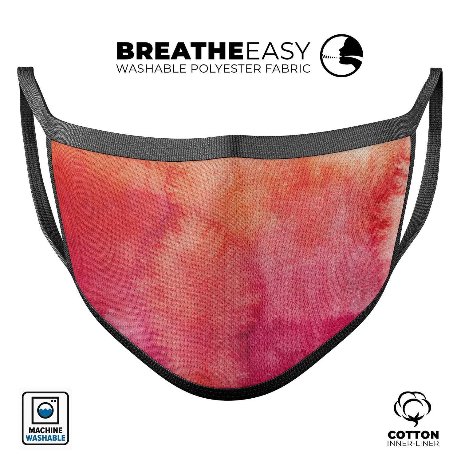 Pink 971 Absorbed Watercolor Texture mouth cover, showcasing a vibrant watercolor design with adjustable ear loops.