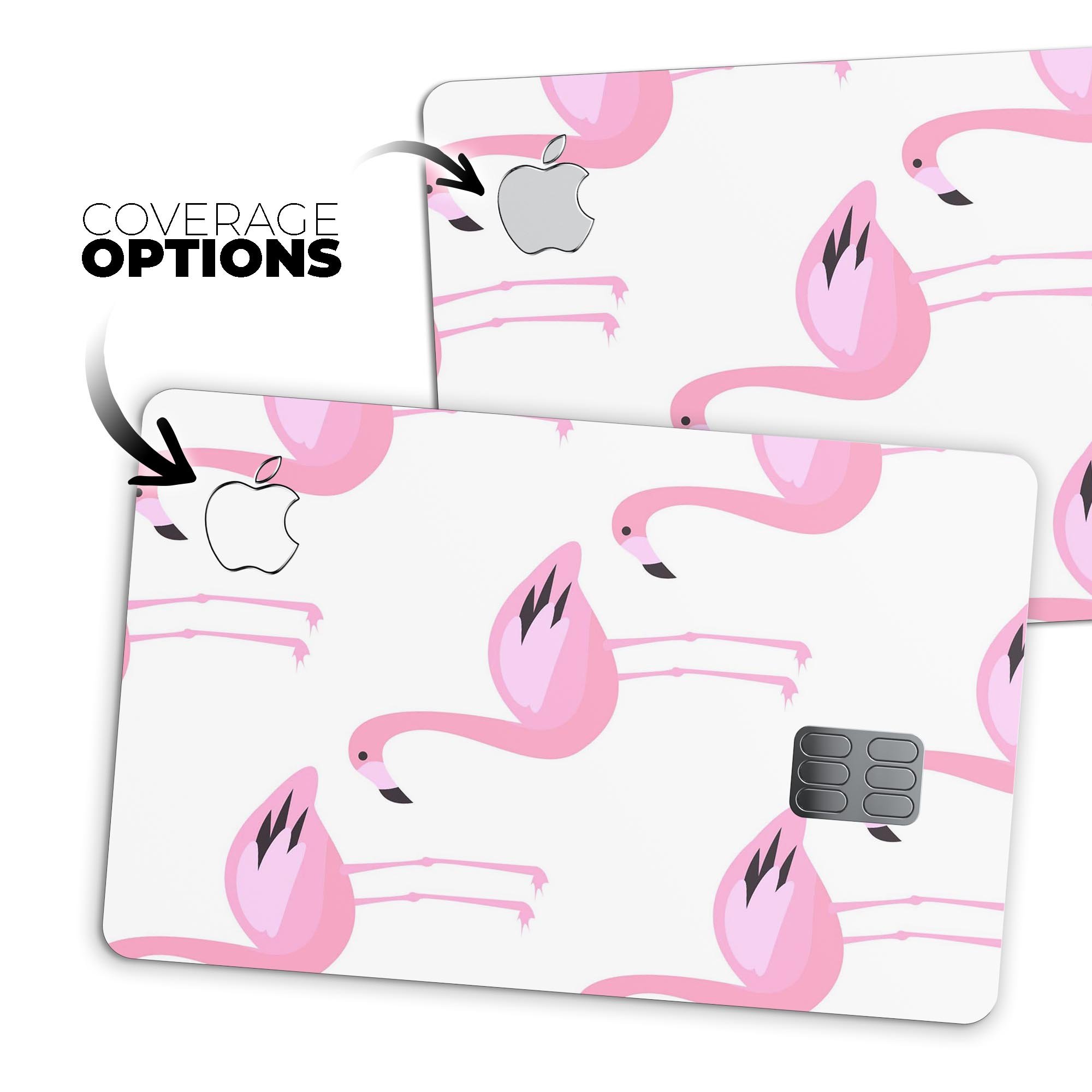 Pink All Over Flamingos decal skin for Apple Card, showcasing vibrant flamingo design and premium vinyl material.