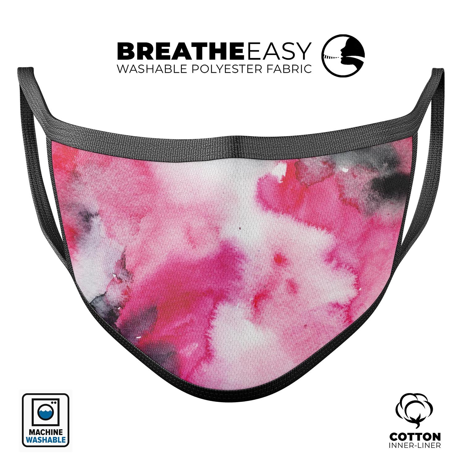 Pink and Black Absorbed Watercolor Texture mouth cover, showcasing vibrant colors and adjustable ear loops for a comfortable fit.