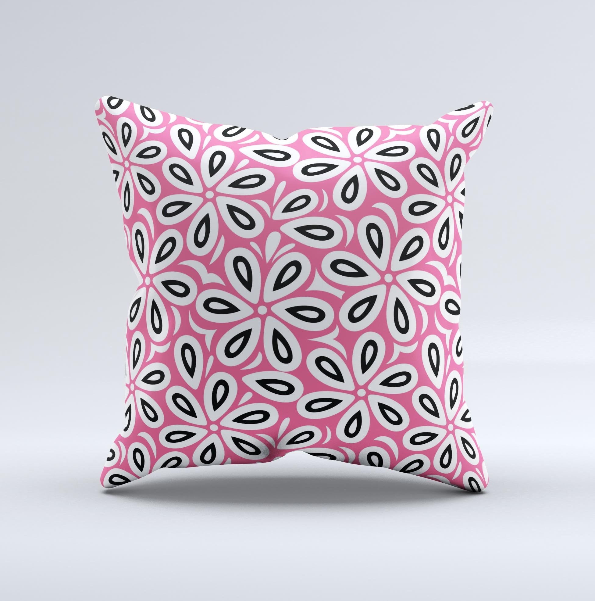 Pink and black decorative throw pillow featuring a floral vector pattern, handcrafted in Virginia with high-quality materials.