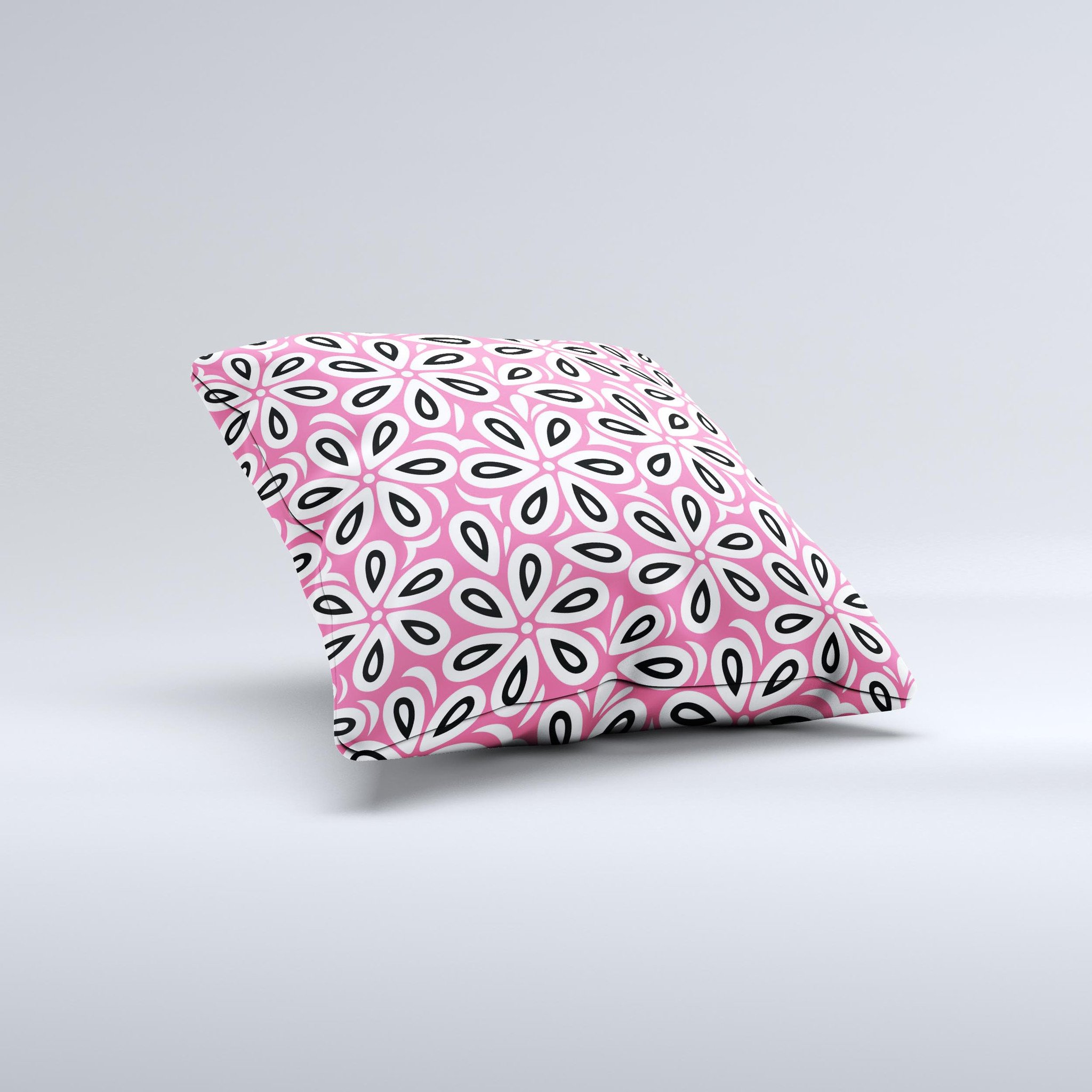 Pink and black decorative throw pillow featuring a floral vector pattern, handcrafted in Virginia with high-quality materials.